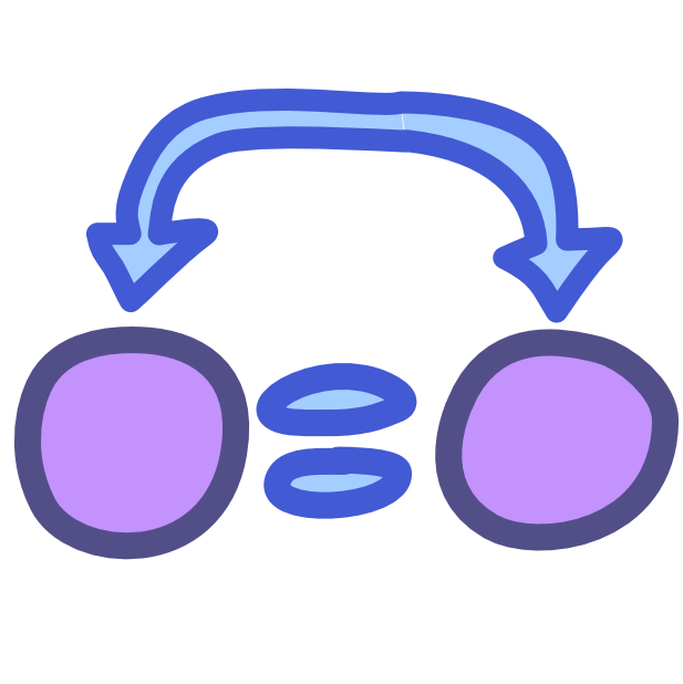 two purple circles with a blue equal sign between them and above them is a curved double sided blue arrow pointing at each.